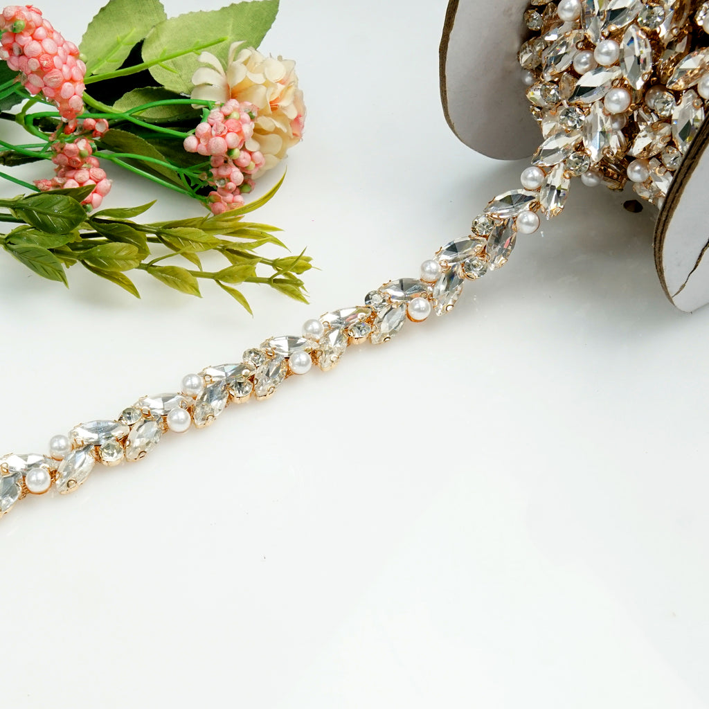 Gold Base Pearl Rhinestone Fancy Chain